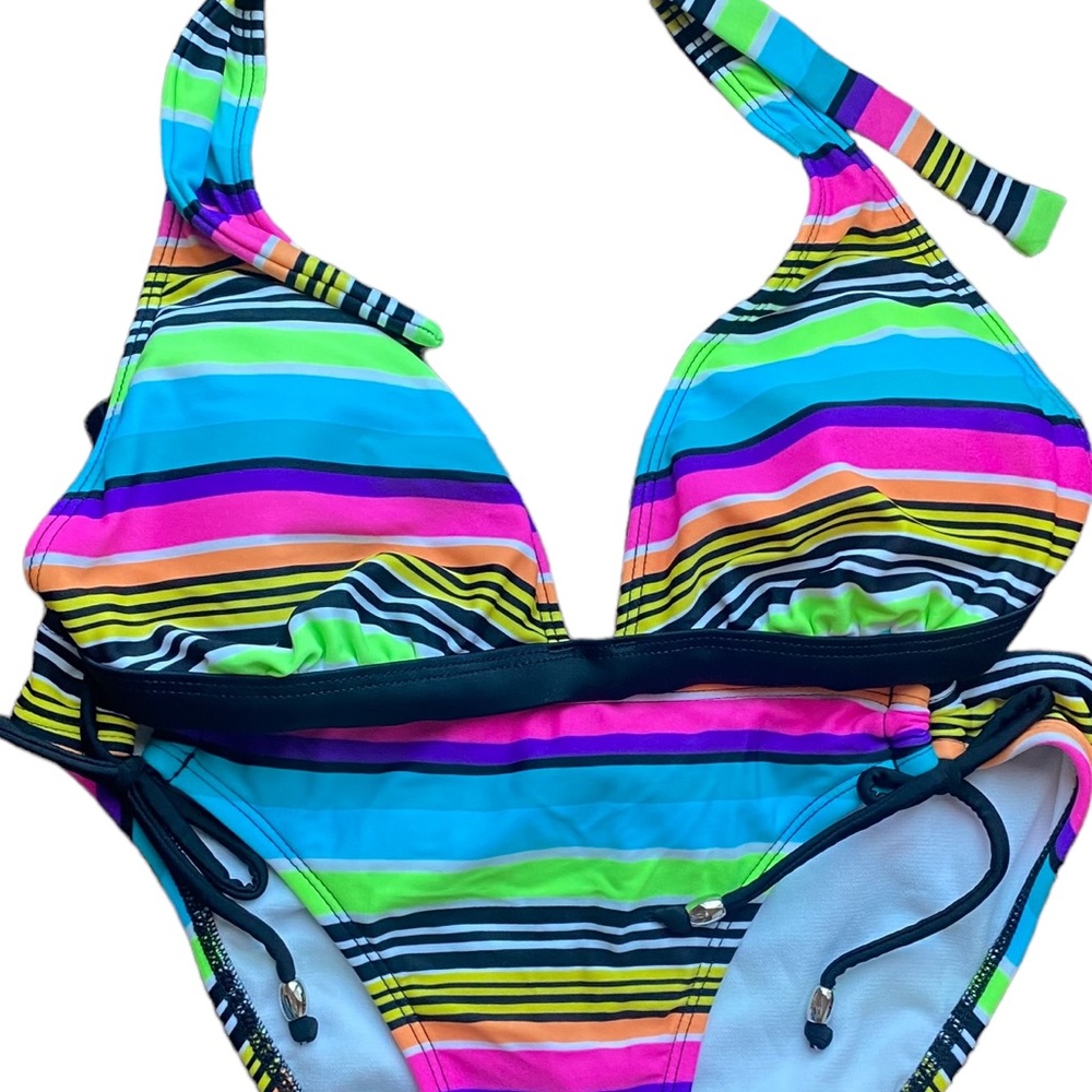 Hobie Multicolor Striped 2pc Bikini in Blue, Pink, Green, Yellow - Size M - Picture 2 of 5